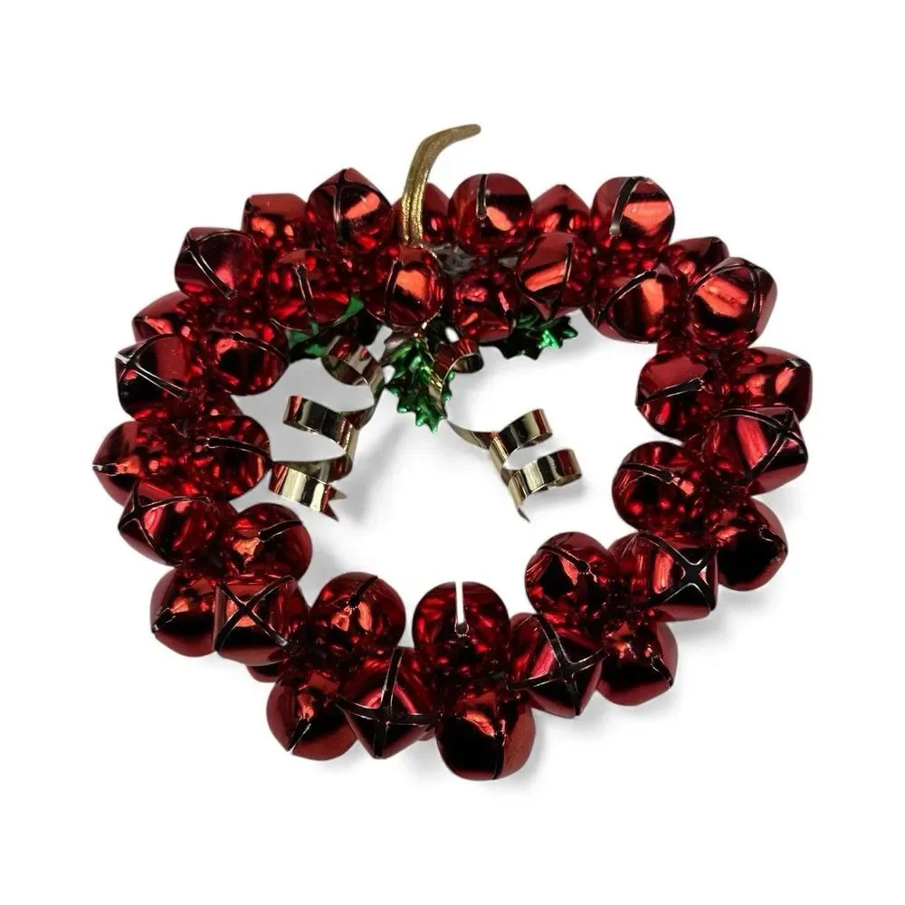 Vintage Red Jingle Bell Wreath Metal Ribbon Holly Leaves Berries 10” Christmas